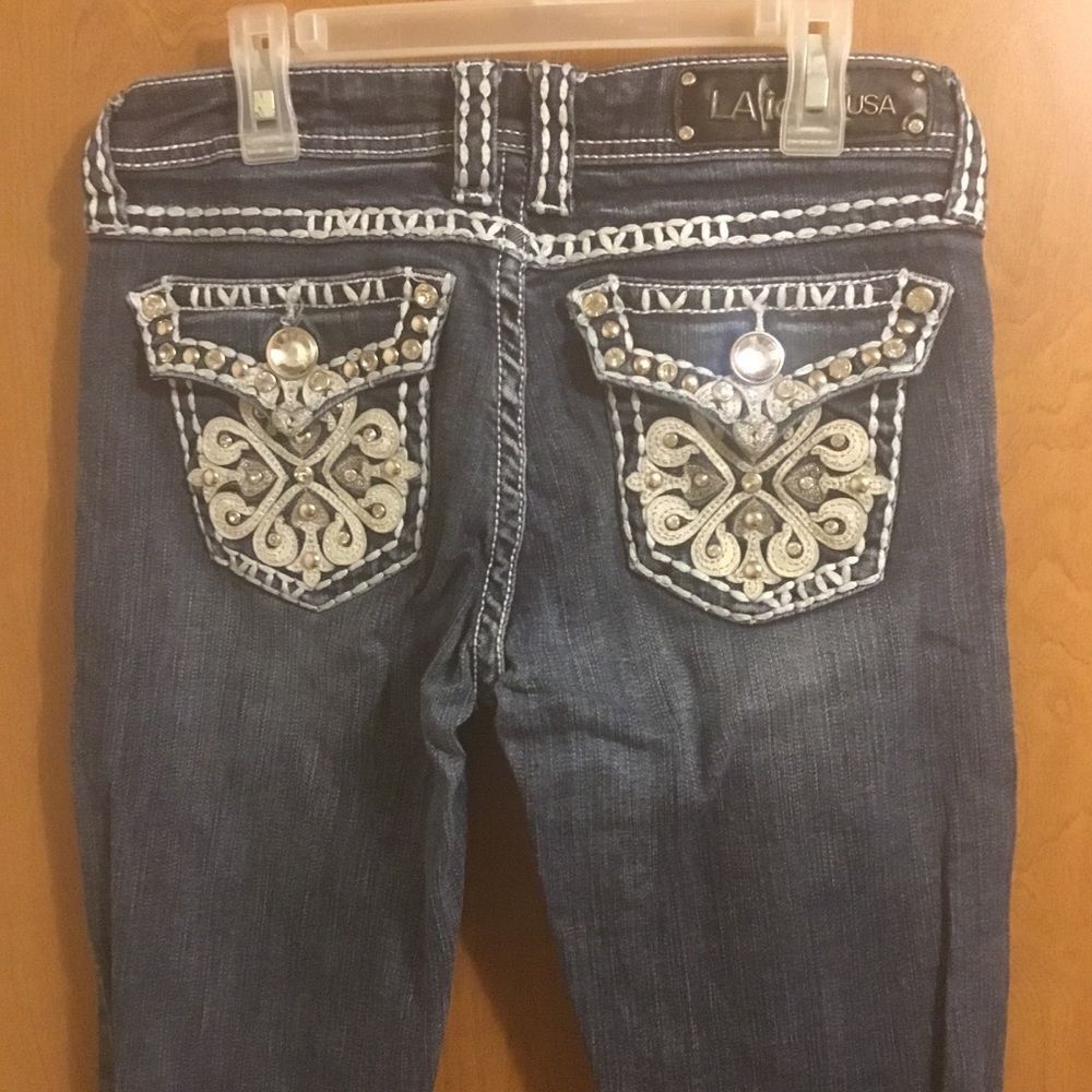 LA Idol Dark Wash Rhinestone Pocket Boot cut Jeans 7